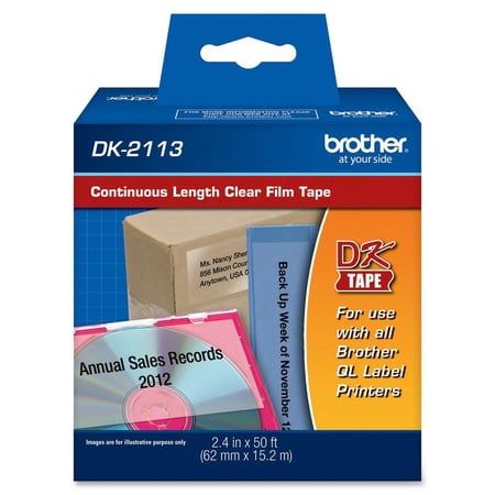 Brother Genuine DK-2113 Continuous Length Black on Clear Film Tape for Brother QL Label Printers, 2.4" x 50' (62mm x 15.2M), 1 Roll per Box, DK2113
