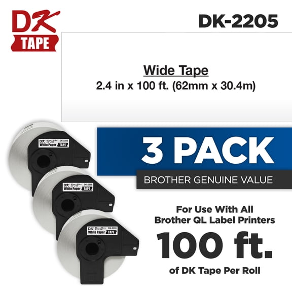 Brother Genuine DK-2205 Continuous Paper Label Roll, Cut-to-Length Label, 2.4 Inches x 100 Feet, 3 Rolls (For Use With All QL Label Printers)