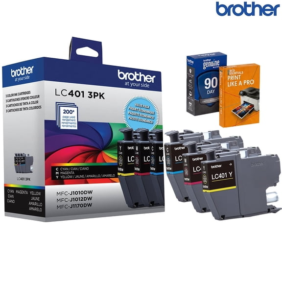 Brother Genuine LC401 3-Pack Color Standard Yield Ink Cartridge (Cyan, Magenta, Yellow) Bundle with Deco Essentials Printer eBook for MFC-J1010DW, MFC-J1170DW