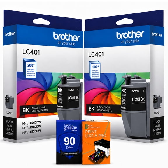Brother Genuine LC401BK 2-Pack Black Standard Yield Ink Cartridge for MFC-J1010DW, MFC-J1170DW, Bundle with Deco Essentials Printer eBook