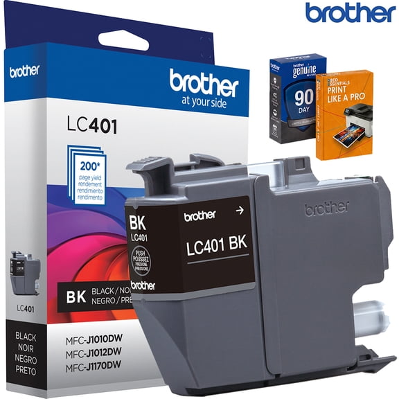 Brother Genuine LC401BK Black Standard Yield Ink Cartridge, Bundle with Deco Essentials Printer eBook for MFC-J1010DW, MFC-J1170DW