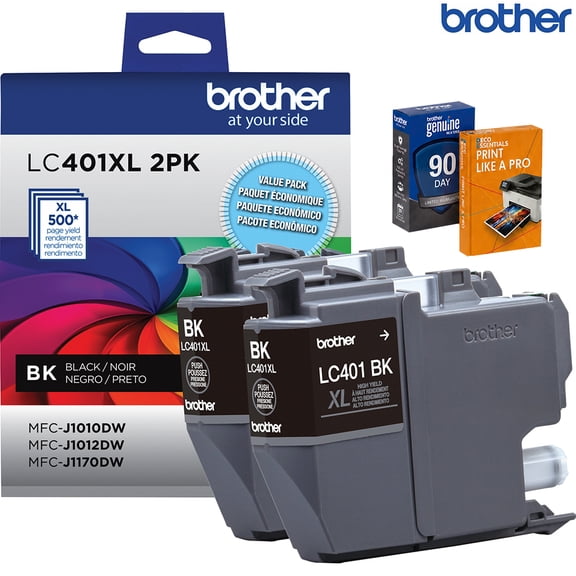 Brother Genuine LC401XL 2-Pack Black High Yield Ink Cartridge, Bundle with Deco Essentials Printer eBook for MFC-J1010DW, MFC-J1170DW