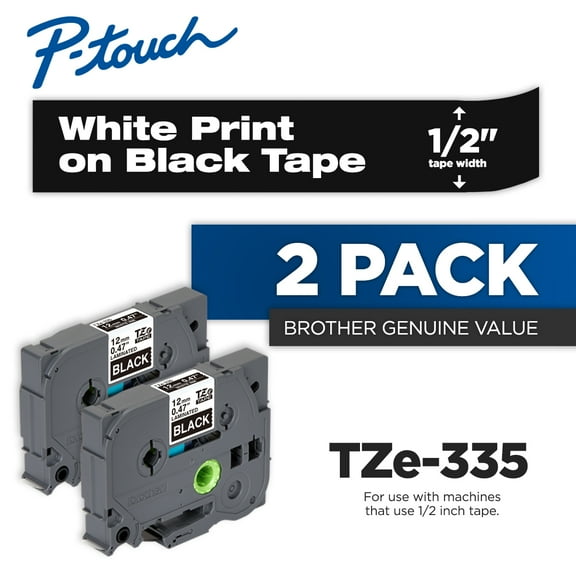 Brother Genuine P-Touch 2-Pack TZe-335 Laminated Tape, White Print on Black Standard, Each Roll Is 0.47"/12mm (1/2") Wide, 26.2 ft. (8m) Long