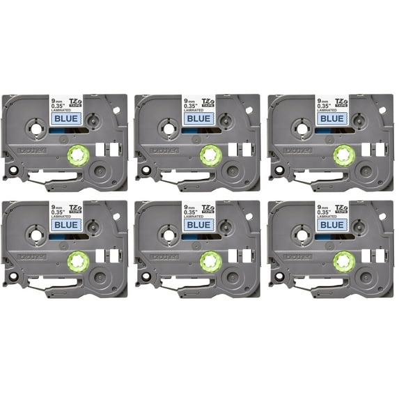 Brother Genuine P-Touch 6-Pack TZe-521 Laminated Tape, Black Print on Blue, 0.35" x 26.2'
