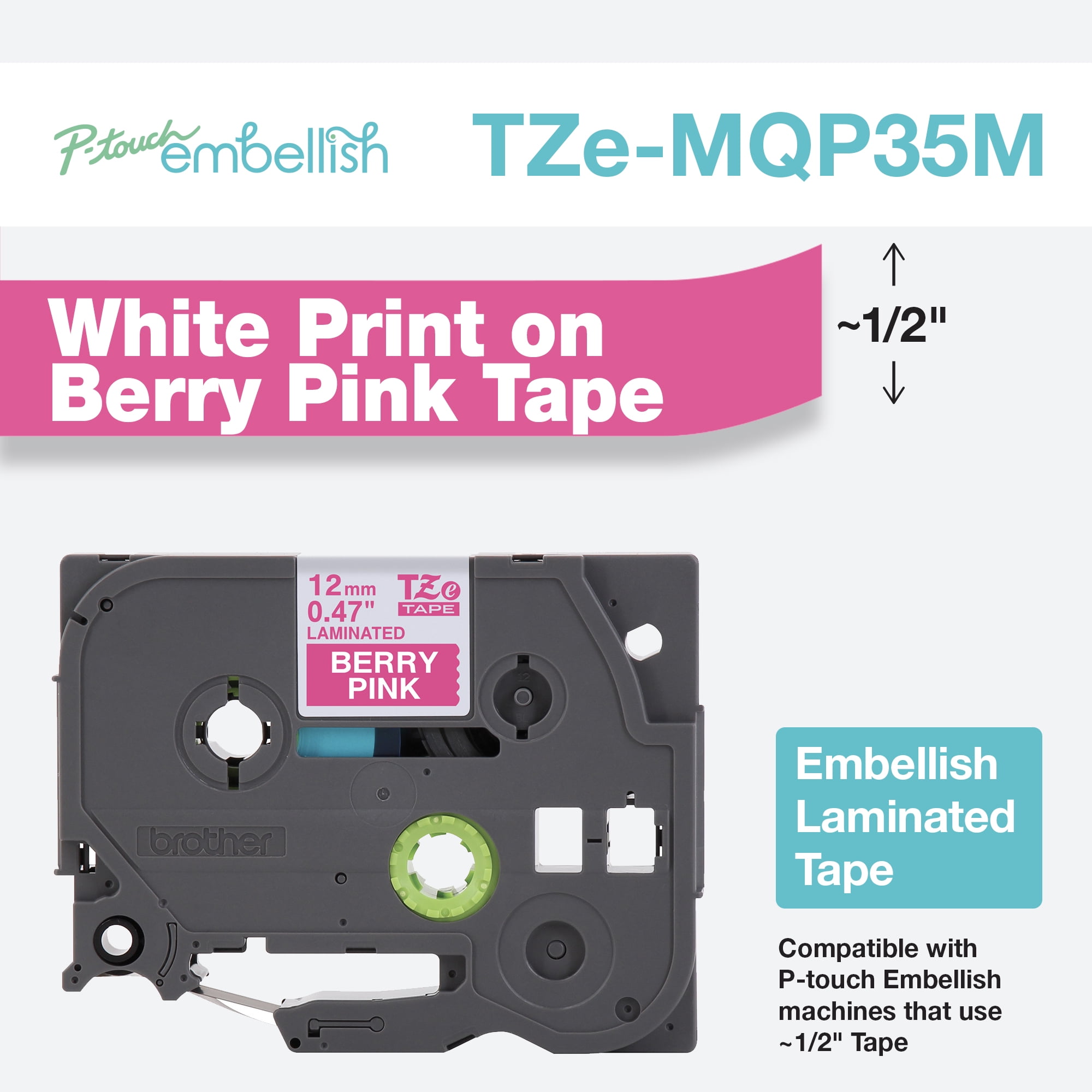 Brother Genuine P-Touch TZeMQP35M, White on Berry Pink Standard Laminated Label Tape