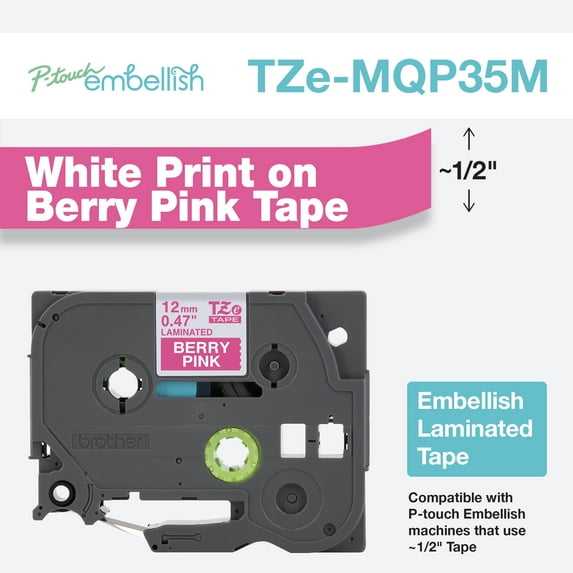 Brother Genuine P-Touch TZeMQP35M, White on Berry Pink Standard Laminated Label Tape