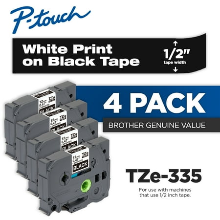 Brother Laminated P-touch Tape TZe-335 0.47 in 26.2 ft White print on black , (4-Pack)