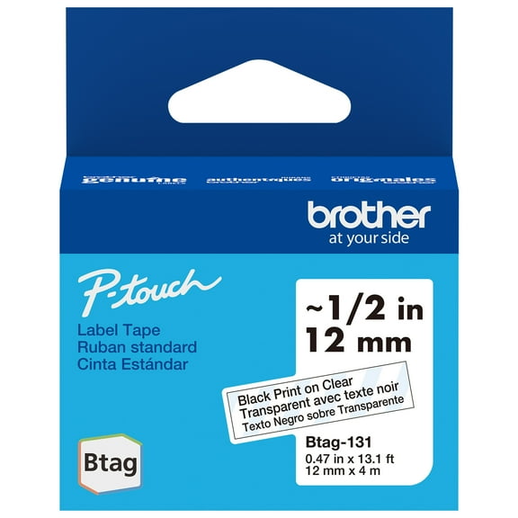 Brother Genuine P-touch BTAG131 Black on Clear Label Tape, ~1/2in by 13.1ft (12mm x 4m) for Ptouch Label Makers