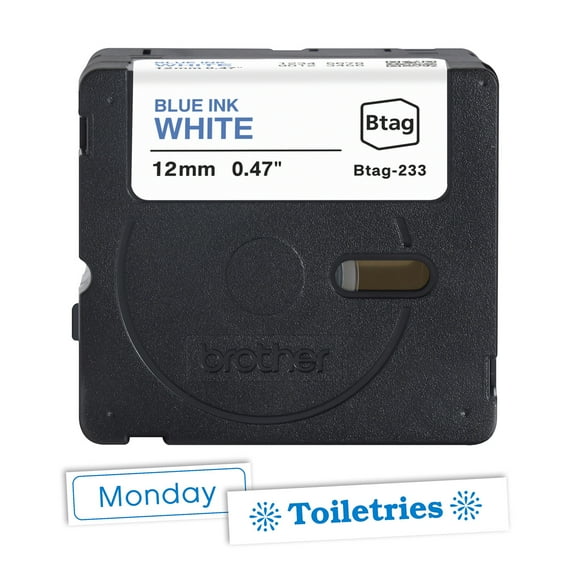 Brother Genuine P-touch BTAG233 Blue on White Label Tape, ~1/2in by 13.1ft (12mm x 4m) for Ptouch Label Makers
