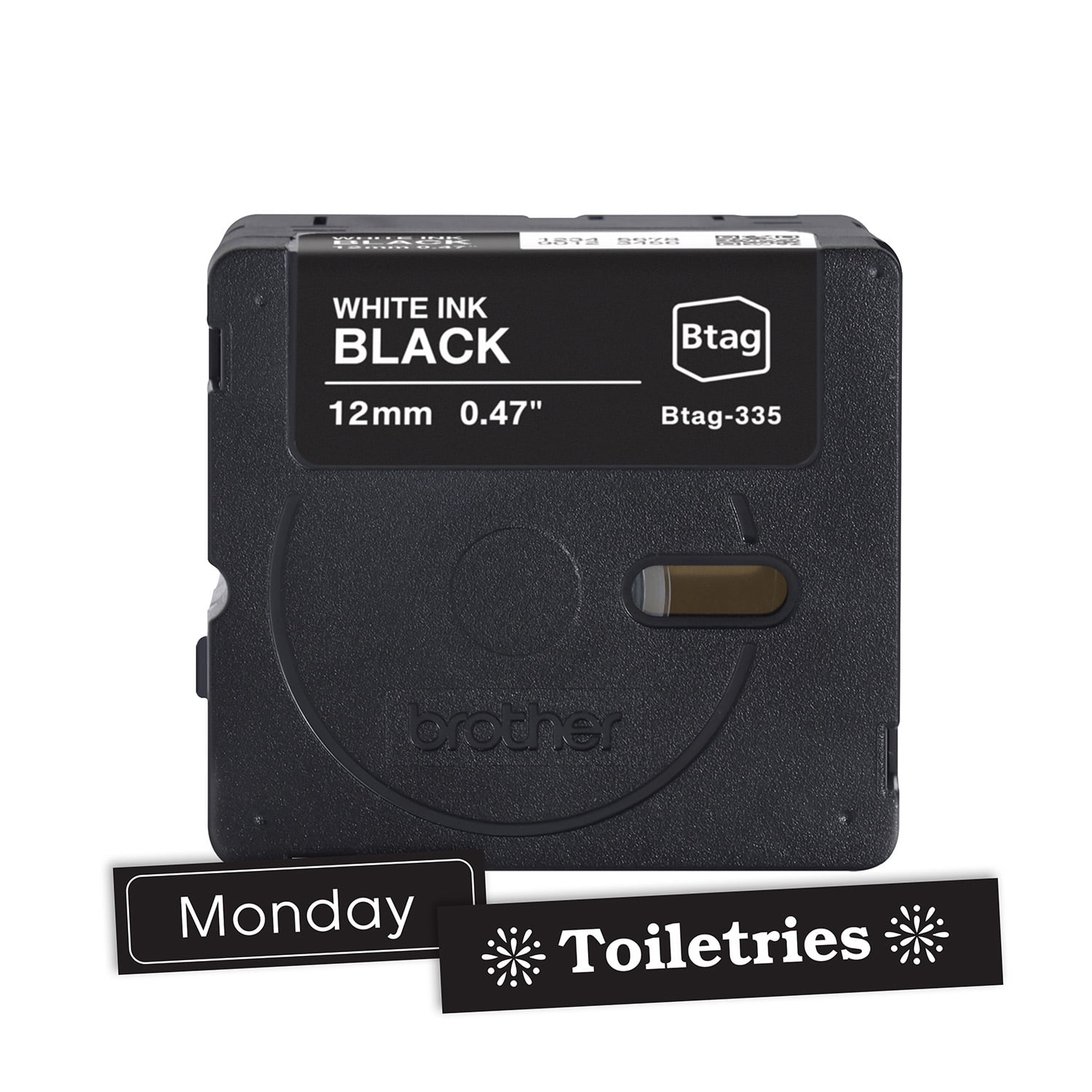 Brother Genuine P-touch BTAG335 White on Black Label Tape, ~1/2in by 13.1ft (12mm x 4m) for Ptouch Label Makers