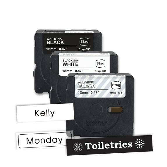 Brother Genuine P-touch BTAG3M01, 3-Pack Label Tape, White on Clear, Black on White, White on Black Label Tape, ~1/2in by 13.1ft (12mm x 4m) for Ptouch Label Makers