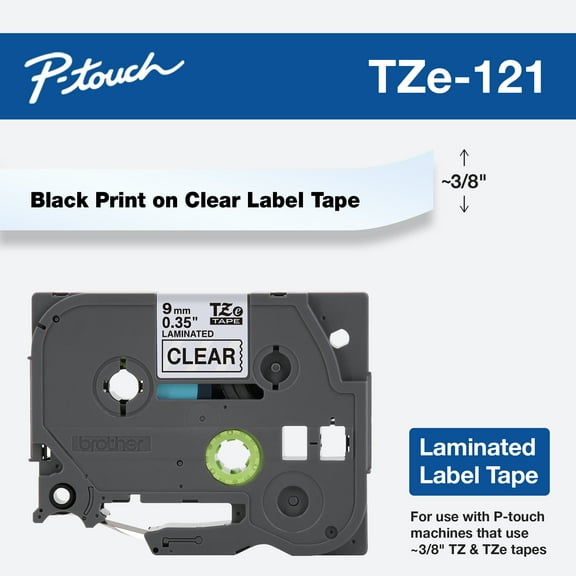 Brother Genuine P-touch TZE-121 Tape, 3/8" (0.35") Wide Standard Laminated Label Maker Tape, Black on Clear, 0.35 in. x 26.2 ft. (9mm x 8M), TZE121