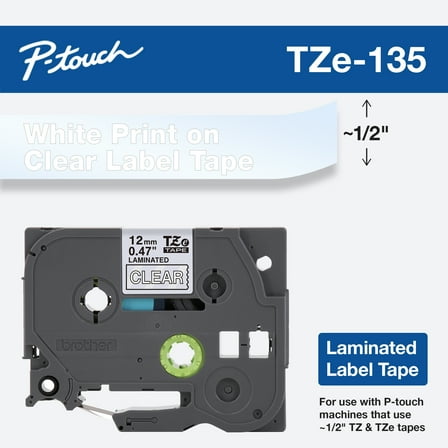 Brother Genuine P-touch TZE-135 1/2" White Print on Clear Laminated Label Tape