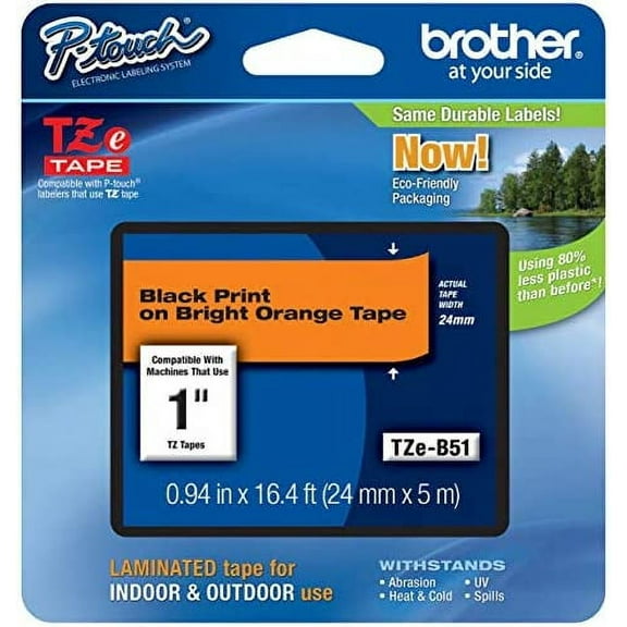 Brother Genuine P-touch TZE-B51 Tape, 1" (0.94") Wide Standard Laminated Tape, Black on Fluorescent Orange, Laminated for Indoor or Outdoor Use, Water-Resistant, 0.94" x 16.4' (24mm x 5M), TZEB51