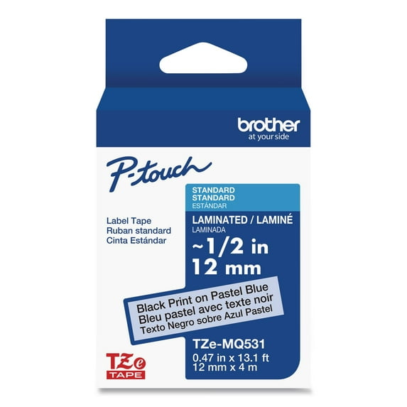 Brother Genuine P-touch TZE-MQ531 Tape, 1/2" (0.47") Standard Laminated Label Maker Tape, Black on Pastel Blue, 0.47 in. x 26.2 ft. (12mm x 8M), TZEMQ531