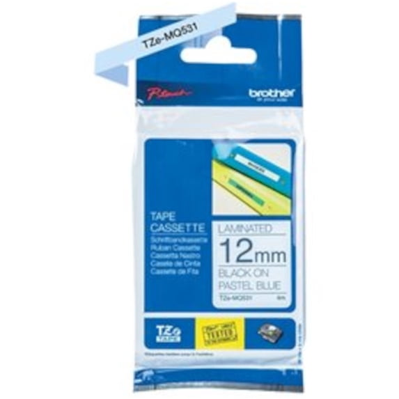 Brother Genuine P-touch TZE-MQ531 Tape, 1/2" (0.47") Standard Laminated Label Maker Tape, Black on Pastel Blue, 0.47 in. x 26.2 ft. (12mm x 8M), TZEMQ531