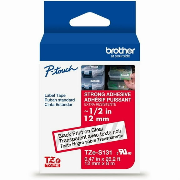 Brother Genuine P-touch TZeS131 BK on CLR Label Tape, Strong Adhesive Lam., 12mmX8m