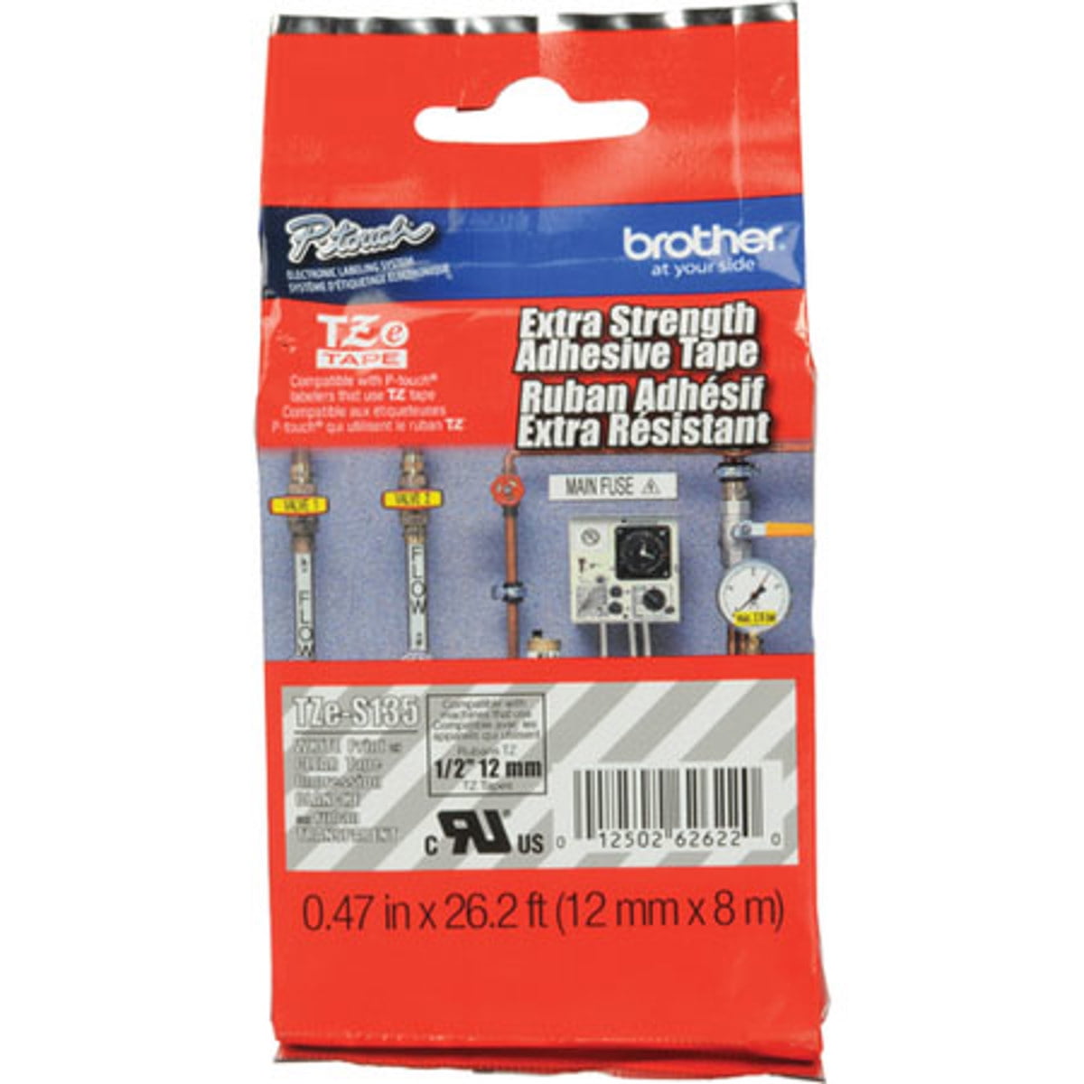 Brother Genuine P-touch TZE-S135 Tape, 1/4" (0.23") Wide Extra-Strength Adhesive Laminated Label Maker Tape, Black on White, 0.23 in. x 26.2 ft. (6mm x 8M), TZE-S211