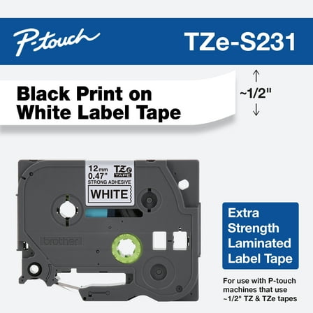 Brother Genuine P-touch TZE-S231 Label Tape, 1/2" (0.47") Extra Strength Laminated P-touch Tape, Black on White