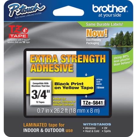 Brother Genuine P-touch TZE-S641 Tape, 3/4" (0.7") Wide Extra-Strength Adhesive Laminated Label Maker Tape, Black on Yellow, 0.7 in. x 26.2 ft. (18mm x 8M), TZES641