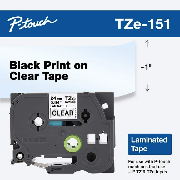 Brother Genuine P-touch TZE151 1" Black Print on Clear Laminated Label Tape
