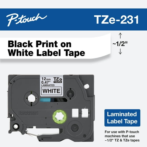 Brother Genuine P-touch TZE231, 1/2" Black Print on White Laminated Tape, Durable, Water-Resistant, Indoor/Outdoor Use