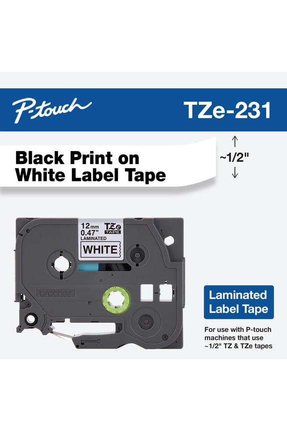 Genuine P-touch TZE231, 1/2" Black Print on White Laminated Tape, Durable, Water-Resistant, Indoor/Outdoor Use
