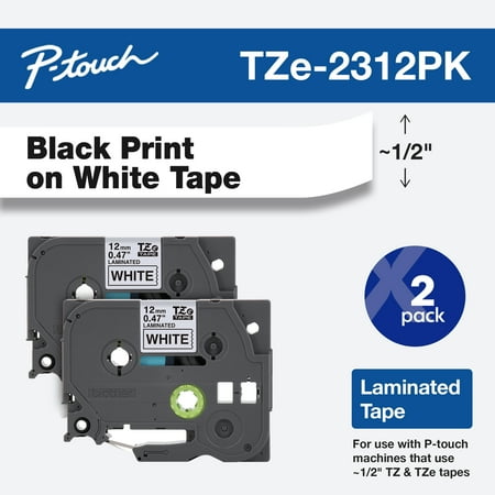 Brother Genuine P-touch, TZE2312PK, 1/2" (0.47") Standard Laminated Tape, Black on White, 2-Pack