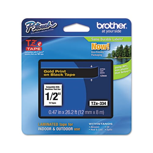 Brother Genuine P-touch TZE334 1/2" Gold on Black Laminated Label Tape