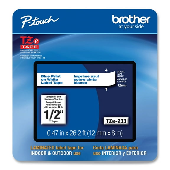 Brother Genuine P-touch, TZe-233CS, 0.47” x 26.2’, Blue on White Laminated Label Tape