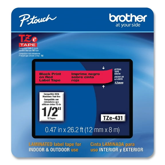 Brother Genuine P-touch, TZe-431CS, 0.47” x 26.2’, Black on Red Laminated Label Maker Tape