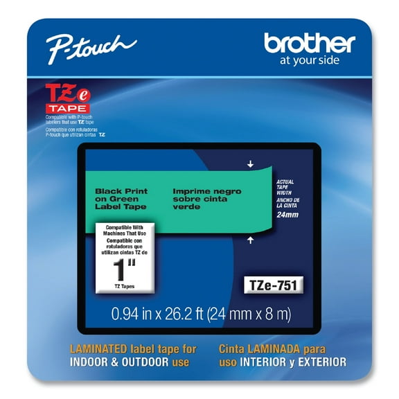 Brother Genuine P-touch, TZe-751CS, 0.94” x 26.2’, Black on Green Laminated Label Maker Tape
