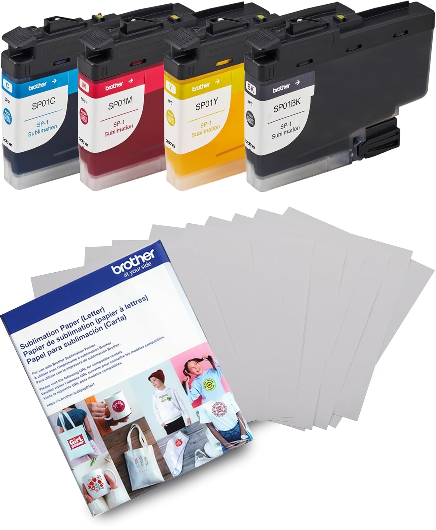 Brother Genuine Sublimation Ink Cartridge Color 4-Pack, Black, Cyan, Magenta & Yellow, and Sublimation Paper, 100 Sheets