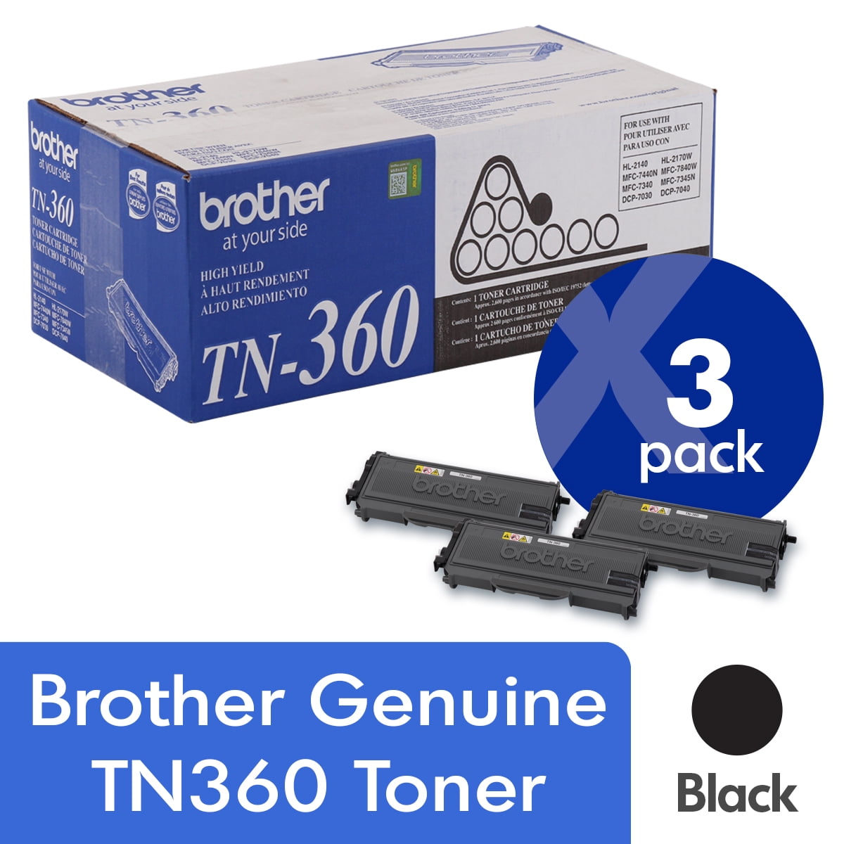 Brother Genuine TN360 3-Pack High Yield Black Toner Cartridge with