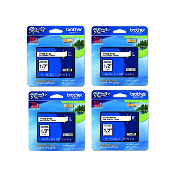 Brother Genuine TZe-231 1/2" Black on White Standard Laminated Tape for P-Touch Labeler, 4 Pack
