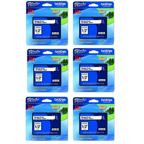 Brother Genuine TZe-231 1/2" Black on White Standard Laminated Tape for P-Touch Labeler, 6 Pack