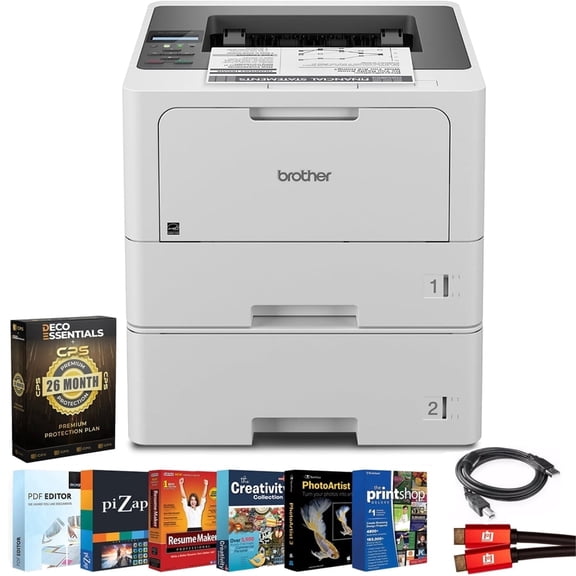 Brother HL‑L5210DWT Business Monochrome Laser Printer Bundle with 26‑Month Protection Plan, Printer Essentials, 6FT 4K HDMI 2.0 Cable & 6FT USB Type‑A to Type‑B Cable