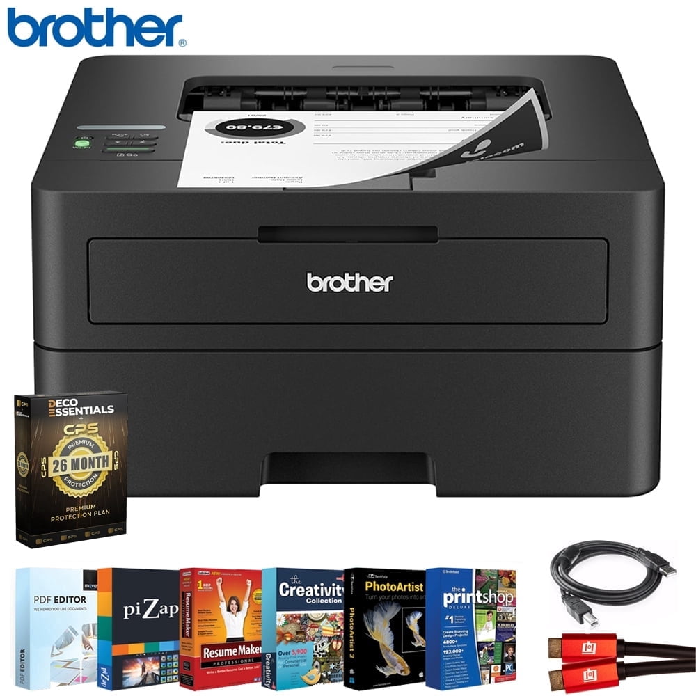 Brother HLL2460DW SOHO Laser Printer Bundle with 26 Month Protection Plan, Printer Essentials , 6FT HDMI 2.0 Cable & 6FT USB Type‑A to Type‑B Cable