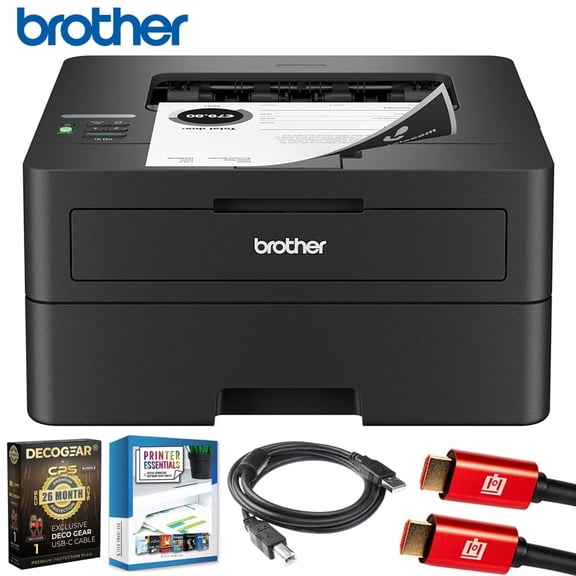 Brother HLL2460DW SOHO Laser Printer Bundle with Deco Gear CPS 26 Month Protection Pack, Tech Smart USA Printer Essentials, Deco Essential 6FT Printer Cable and HDMI Cable