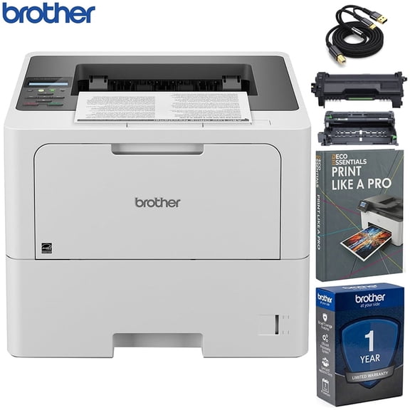 Brother HLL6210DW Monochrome Laser Printer Business with Large Paper Capacity, 50 PPM Duplex Printing, Ethernet and Mobile Printing with 6ft USB Printer Cable and Print Like a Pro Guide Bundle
