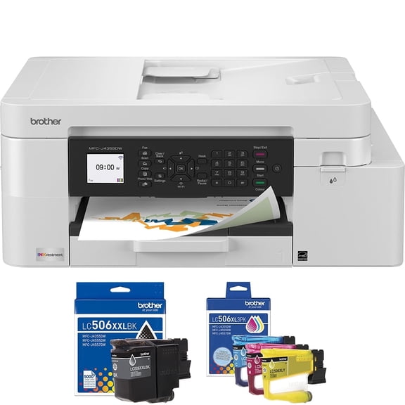 Brother INKvestment 4355 Wireless All-in-One Inkjet Printer with 1.8" Color Display Bundle with 3-Pack High Yield Color Ink Cartridges - Cyan/Magenta/Yellow + Super High Yield Black Ink Cartridge