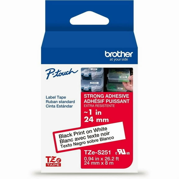 Brother Genuine P-touch TZeS251 Black on White Label Tape, Strong Adhesive Lam., 24mmX8m