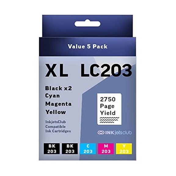 Compatible with Brother LC203 High Yield Ink Cartridge InkjetsClub Ink Cartridge Replacement 5 Pack Value Pack. Includes 2 Black, 1 Cyan, 1 Magenta and 1 Yellow Compatible Ink Cartridges