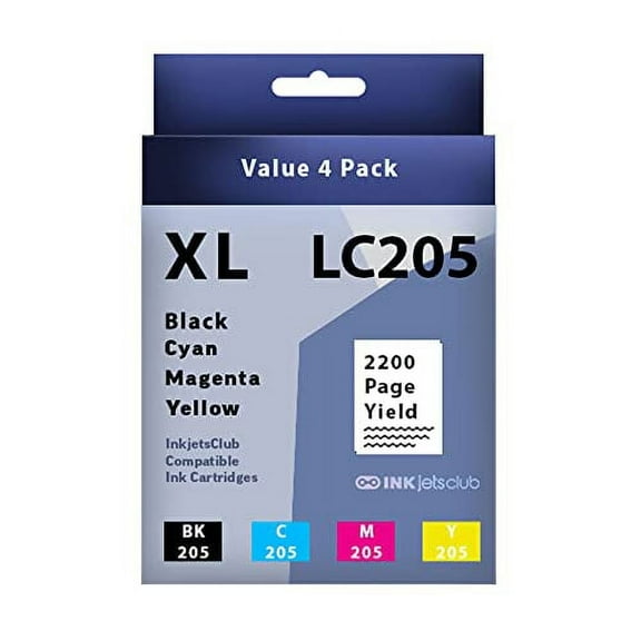 Brother LC205 High Yield Ink Cartridge InkjetsClub Ink Cartridge Replacement 4 Pack Value Pack. Includes 1 Black, 1 Cyan, 1 Magenta and 1 Yellow Compatible Ink Cartridges
