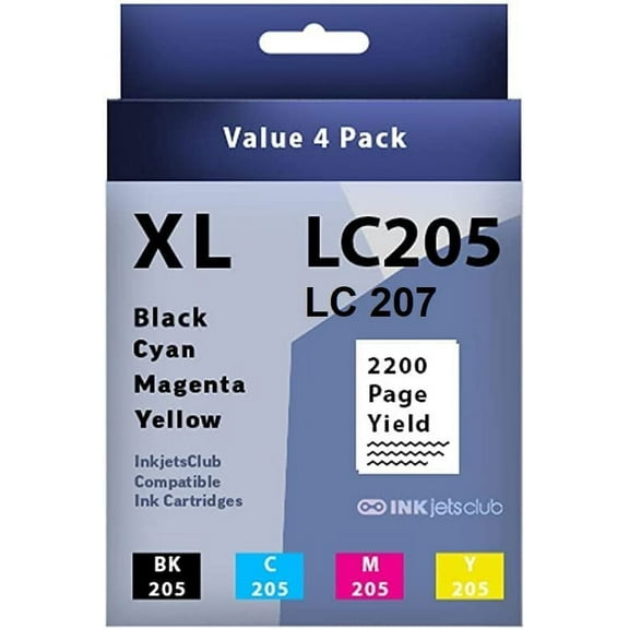 Brother LC205 / LC 207 High Yield Ink Cartridge InkjetsClub Ink Cartridge Replacement 4 Pack Value Pack. Includes 1 Black, 1 Cyan, 1 Magenta and 1 Yellow Compatible Ink Cartridges