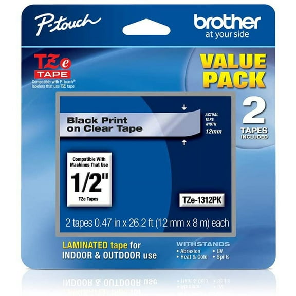 Brother Laminated Label Maker Tape, 0.47" x 26.2 ft, Black on Clear, 2 Count, 2 Pack