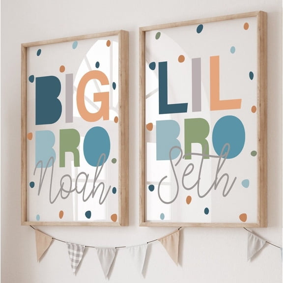 Brother, Lil Bro Print, Big Bro Print, Sibling Prints, Boys Nursery Prints, Green and Mustard, Boys Bedroom Prints, Set 2, Poster Only