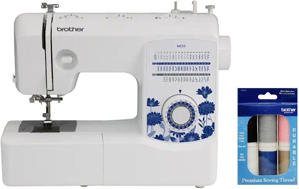 Brother MZ53 53-Stitch Sewing Machine, Premium Sewing Thread 6-Pack Included