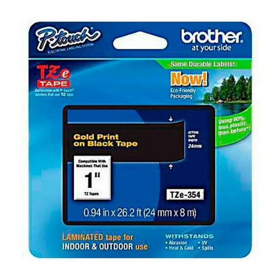 Brother Mobile Solutions TZE354 0.94 in x 26.2 ft. P-Touch Tape, Gold on Black