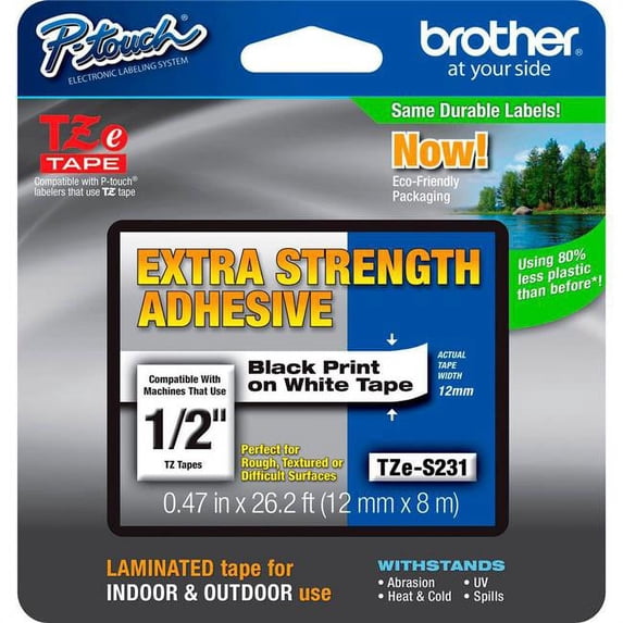Brother Mobile Solutions TZES231 0.47 in x 26.2 ft. Flexible ID Tape, Black & White Extra-Strength